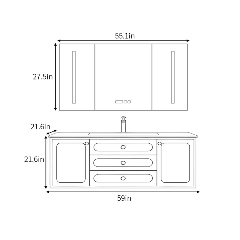 Crêperie, H 21,6 po x l 59 po x P 21,6 po