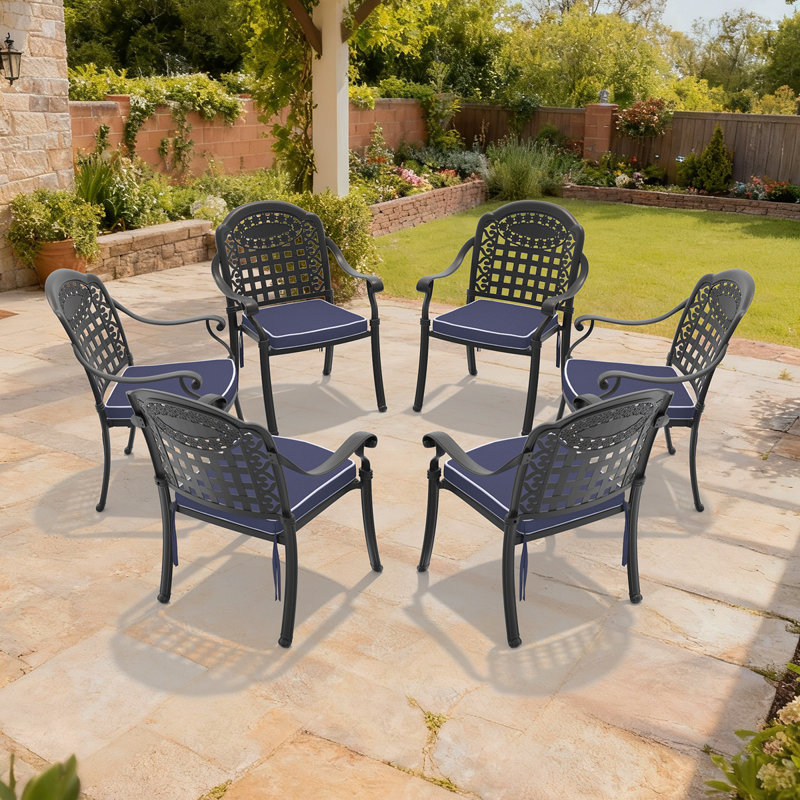 Chaise de patio en fonte d'aluminium 6 pièces avec cadre noir et coussins bleus, 6
