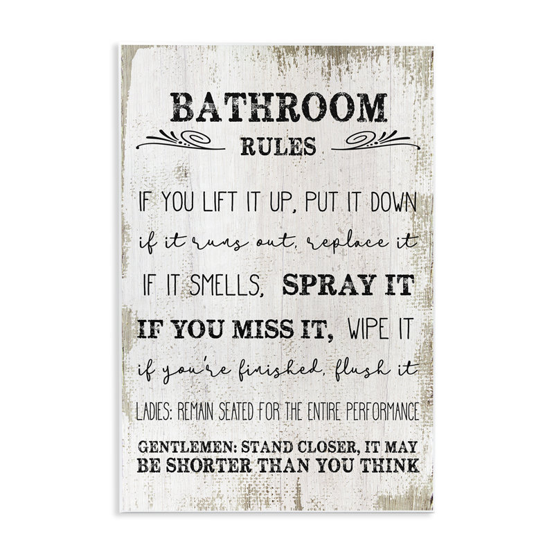 «Bathroom Rules Funny Word Wood Textured Design», impression sur toile, H 18 po x l 12 po