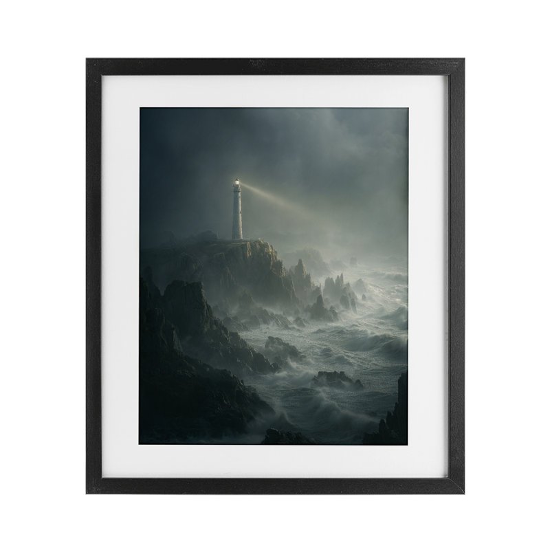 Phare et falaise orageuse, reproduction encadrée sous verre, conception de Ziwei Li, Cadre noir minuit, H 16 po x l 13 po