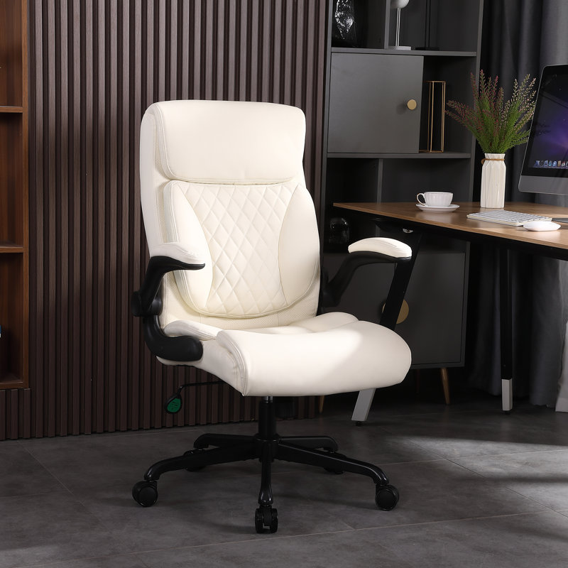 Kheyla Faux Leather Home Office Executive Chair, with Flip-up Armrest and Lumbar Support, Beige