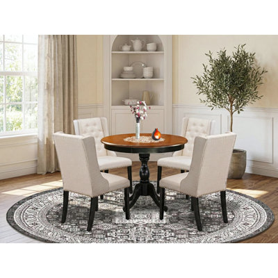 5-Piece Modern Dining Table Set Contains a Wood Dining Table and 4 Cream Linen Fabric Dining Room Chairs with Button Tufted Back - Black Finish