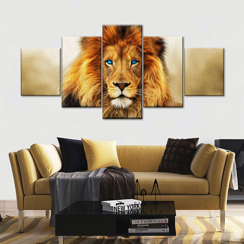 Lion aux yeux bleus 5 pièces, H 24 po x l 55 po x P 1,25 po