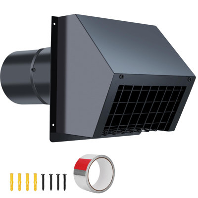 Metal Dryer Vent Cover with Magnetic Backdraft Damper, Exterior Wall Exhaust Hood with Noise Reduction & Adjustable Duct 6", Black