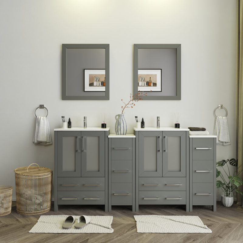  Modern 72" Double Bathroom Vanity Set with Mirror, Gray