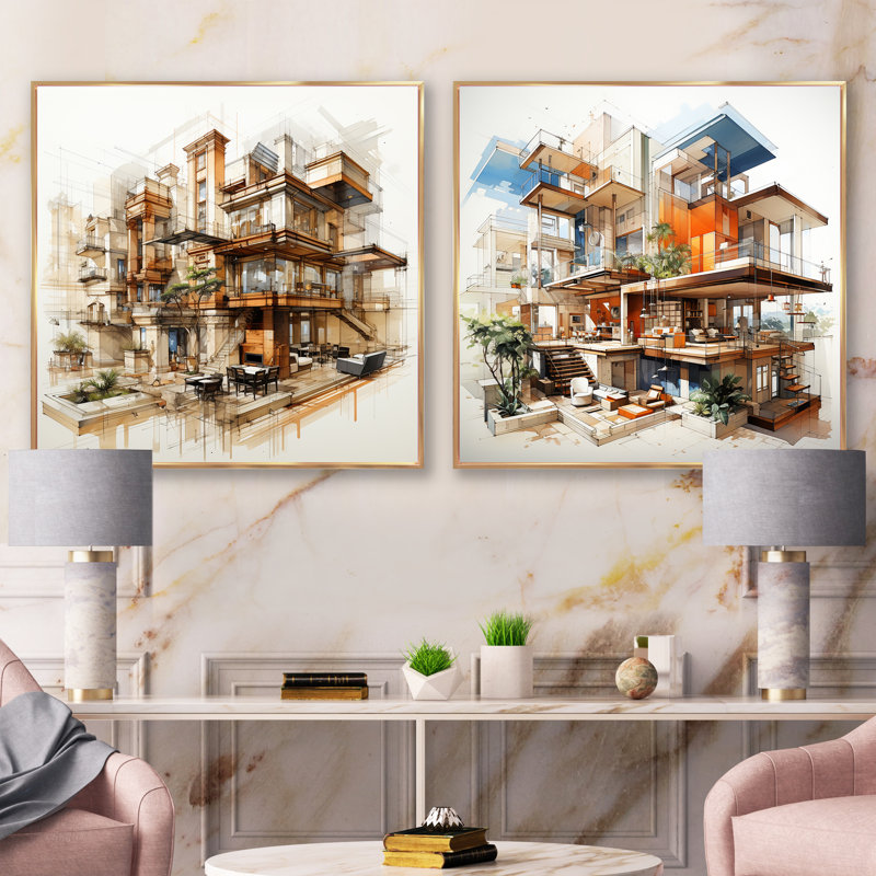 Dessin d'analyse de loges d'un hôtel - ensemble de 2 collages carrés, Cadre flottant doré, H 16 po x l 33 po