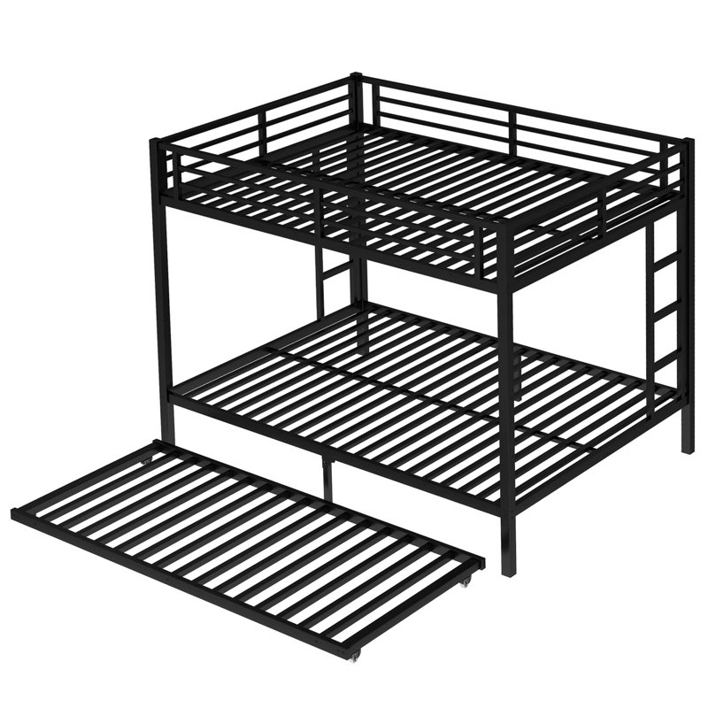 Metal Bunk Bed with Trundle, Black, Queen Over Queen