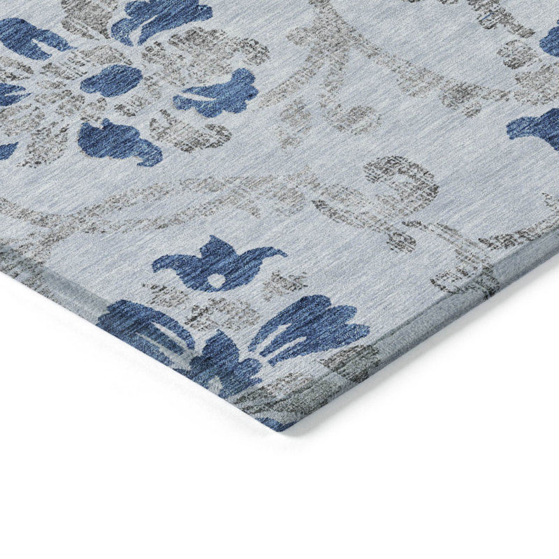 3' X 5' Grey Floral Washable Indoor Outdoor Area Rug