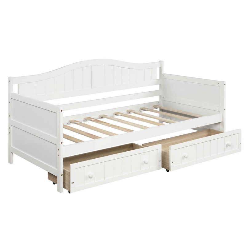 White Twin Wooden Daybed with 2 Drawers - Sofa Bed for Bedroom & Living Room, No Box Spring Needed, White
