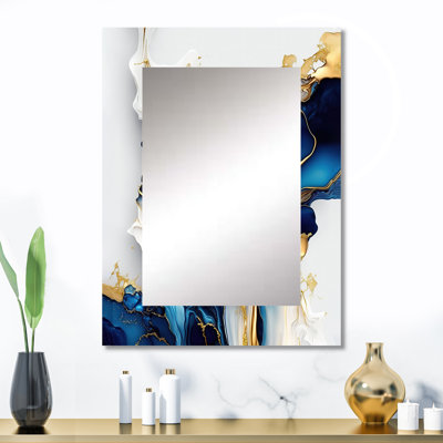 Abstrait géométrique en forme de marbre doré et bleu III - grand miroir mural moderne, art imprimé en métal