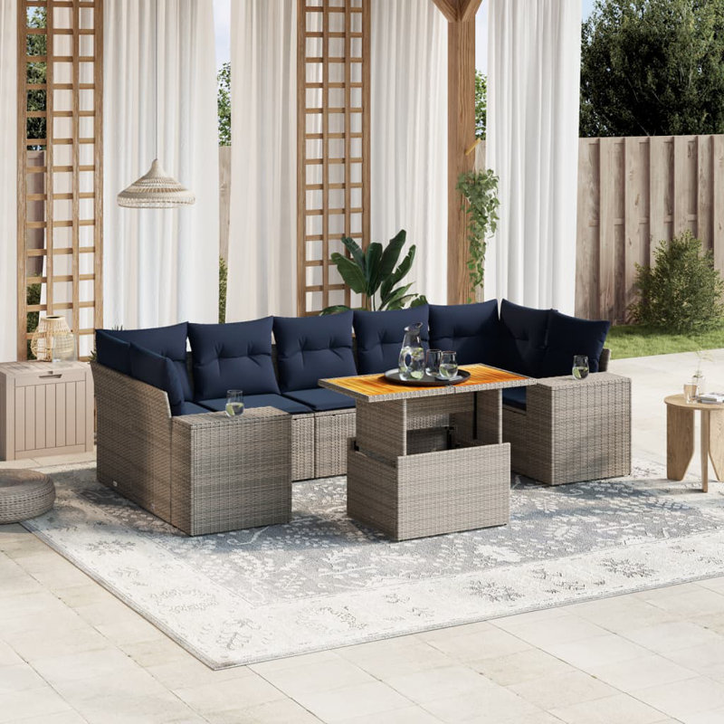  Ensemble de canapé de patio 8 pièces avec coussins en rotin de polyester, Gris, Bleu