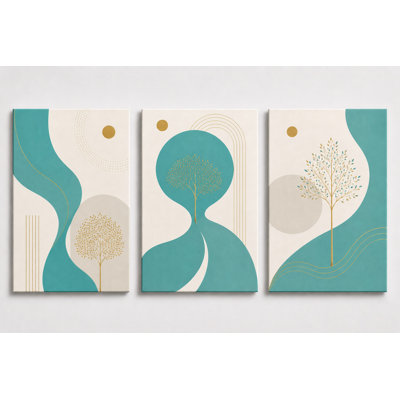 Grand ensemble de 3 art mural botanique moderne sarcelle de couleur dorée, impression sur toile, décor de nature minimaliste pour bureau de chambre à coucher, impression sur toile 16 x 24 pouces - prête à être accrochée