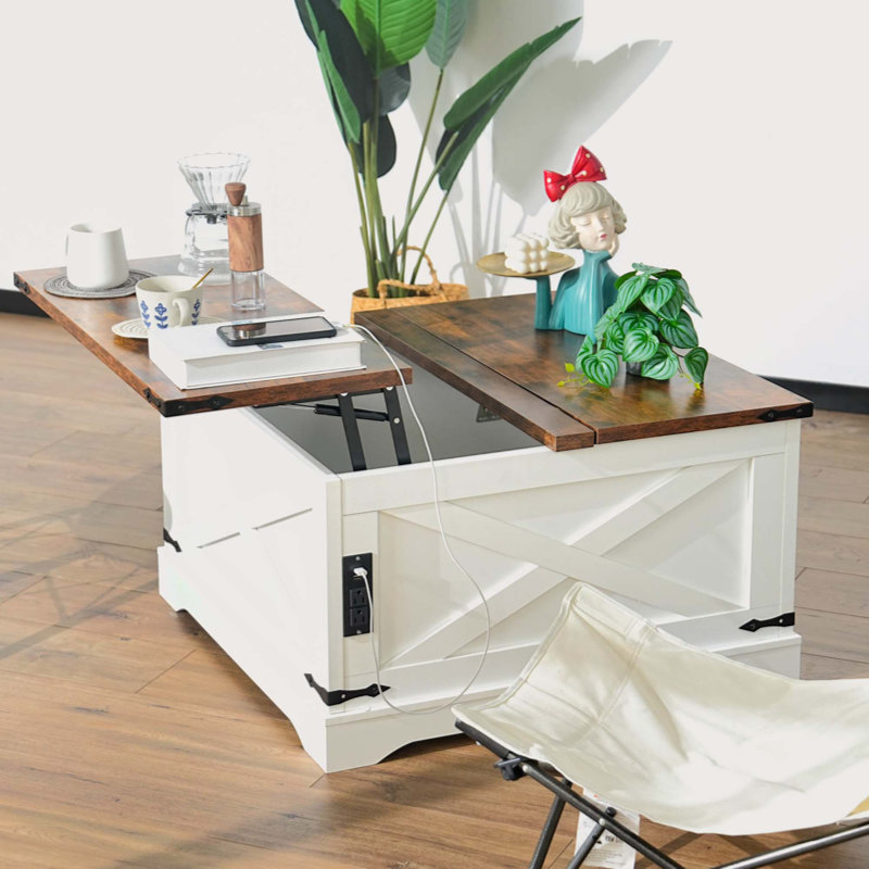 Coffee Table, Multi-functional Lifting Dining , Living Room Home Table,  Vintage White, 18.5" H x 35.43" L x 35.43" W