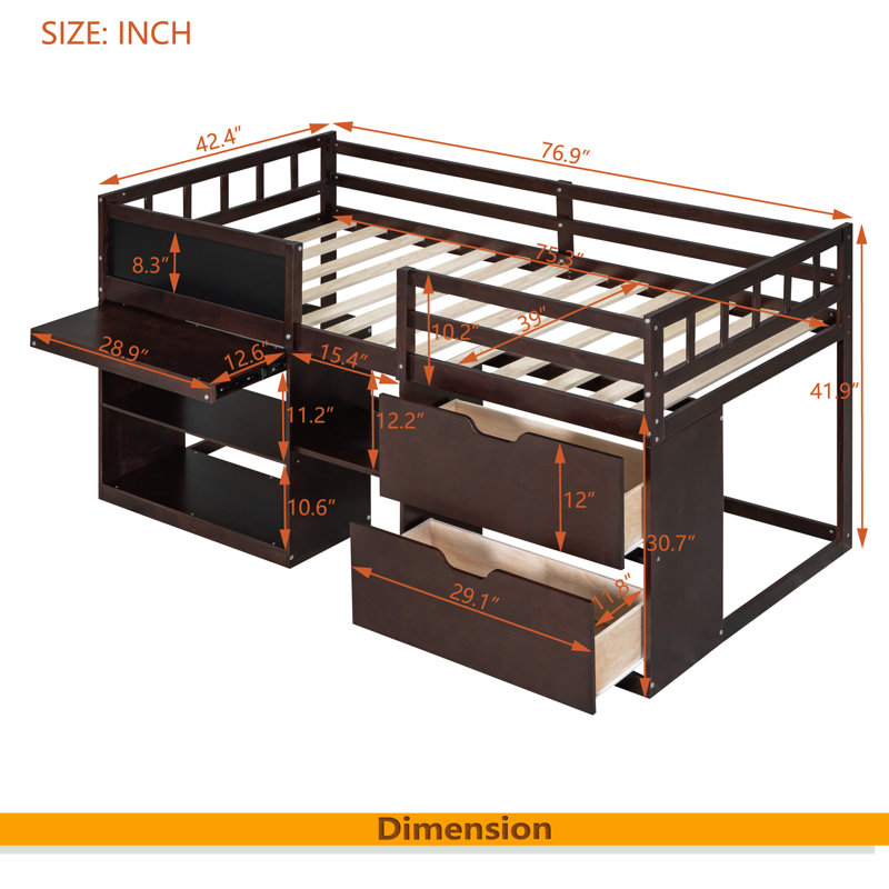 Twin Size Low Loft Bed With Rolling Desk, Shelf And Drawers, Espresso