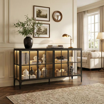 63" Wide Black Glass Display Case With Adjustable Legs & 3-Colour LED Lighting