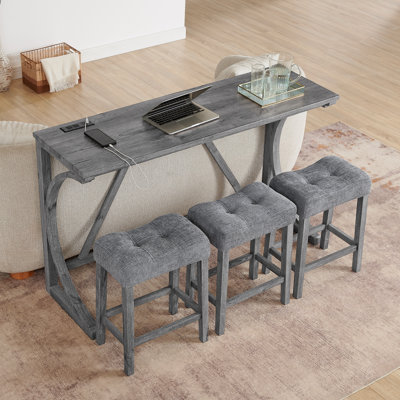 59 Inch Bar Table, Dining Table, Sofa Table With Power Outlet, 3 Upholstered Stools, 4 Piece Bar Table And Chair Set For Living Room, Dining Room, Kit by 17 Stories