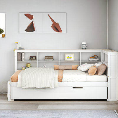 Hanin Wood Daybed with Trundle, Storage Shelves and Charging Station