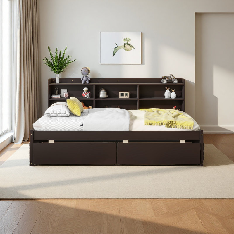 Bed With Side Bookcase, Drawers, Twin