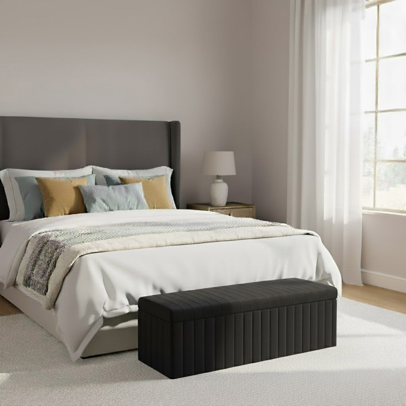 Lux Striped Wide Velvet Rectangle Solid Color Standard Ottoman Box with Storage, Black, 40 cm H x 90 cm W x 42 cm D