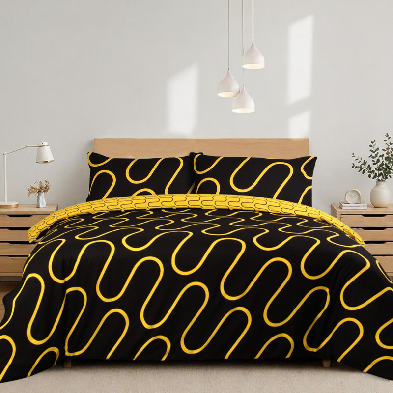 Aspire Homeware Black and Ochre Wavy Geometric Duvet Cover Set, Super King (260cm Width X 220cm Length)
