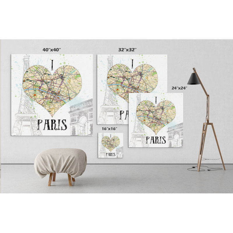 «I Love Paris Map», reproduction d'impression sur toile, H 16 po x l 16 po x P 1,5 po