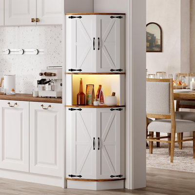 65" Tall Farmhouse Corner Cabinet with LED Light, Freestanding Display Storage Cabinet with Barn Door, 5 Tier Shelves and USB Ports & Outlets, Space Organizer for Living Room, Bar, Kitchen