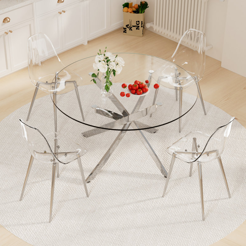 Lousha 6 - Person Glass Top Pedestal Dining Set, Silver, 29.5"H x 47"L x 47"W