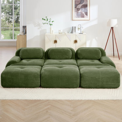 Velours côtelé modulaire à trois places, olive, sans assemblage, courbé, multi-angle réglable pour une détente confortable dans la salle multimédia