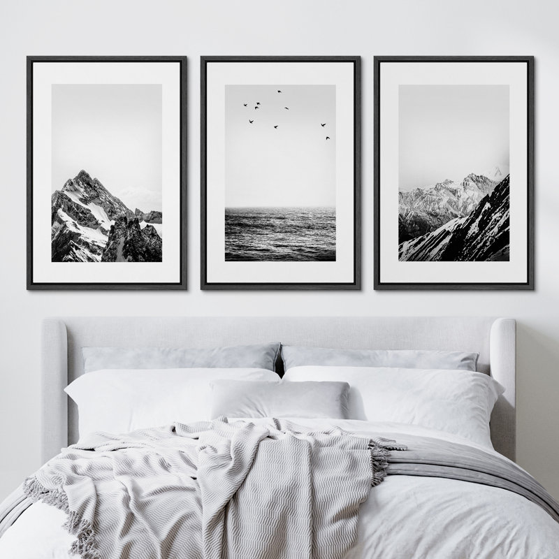 Coastal Beach Black White Photo Snowy Winter Mountain Neutral Pictures Framed Canvas 3 Pieces Print Wall Art, 24'' H x 48'' W