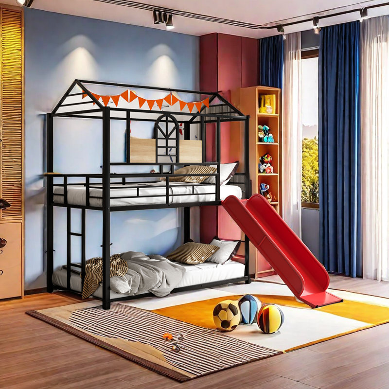 Aiyah Kids Twin Over Twin Bunk Bed, Red/Black