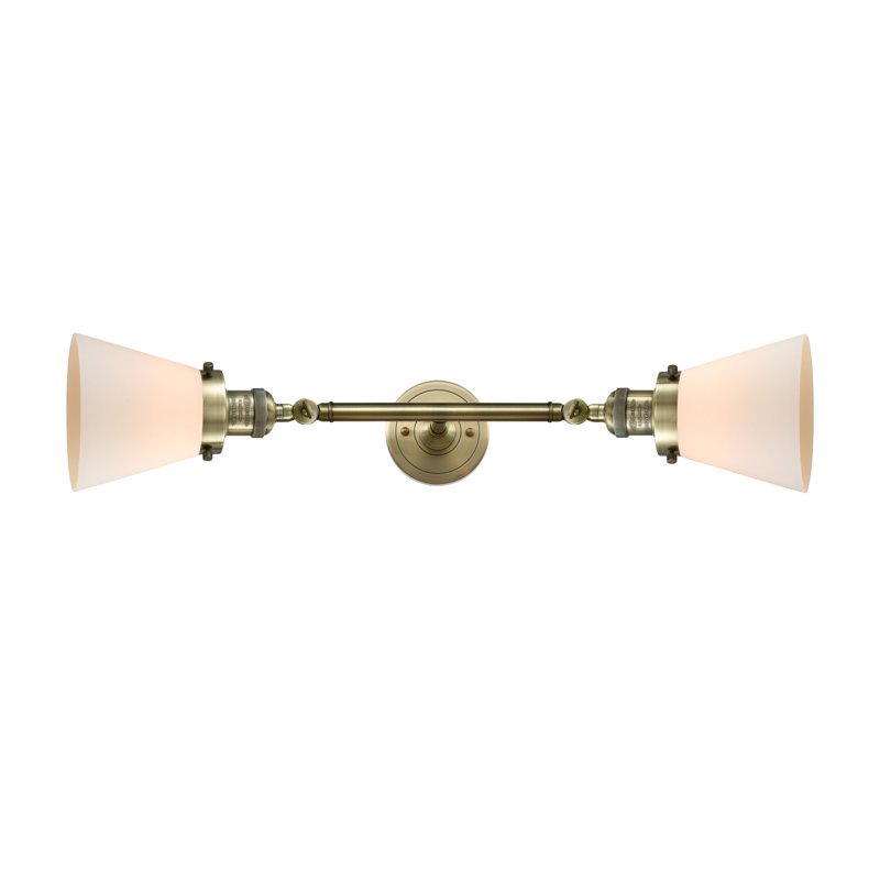 Éclairage de meuble-lavabo inclinable 2 lumières Cone, Laiton antique, Boîtier blanc mat