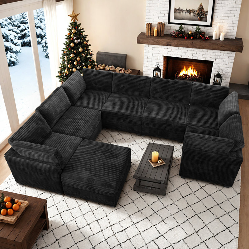 Corduroy Section Sofa Combination, 7 Seats, With Ottoman, Can Be Combined At Will