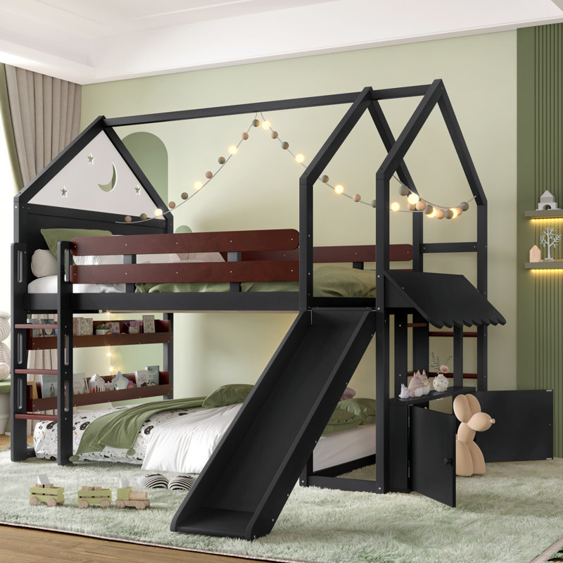 Kids Full Solid Wood Loft Bed with Bookshelves and Slide, Black, Full