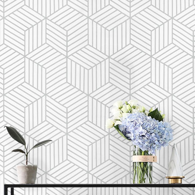 Papier peint auto-adhésif 17,7 "x197" avec papier peint argenté à motif géométrique hexagonal et papier de contact amovible pour murs de salle d'étude