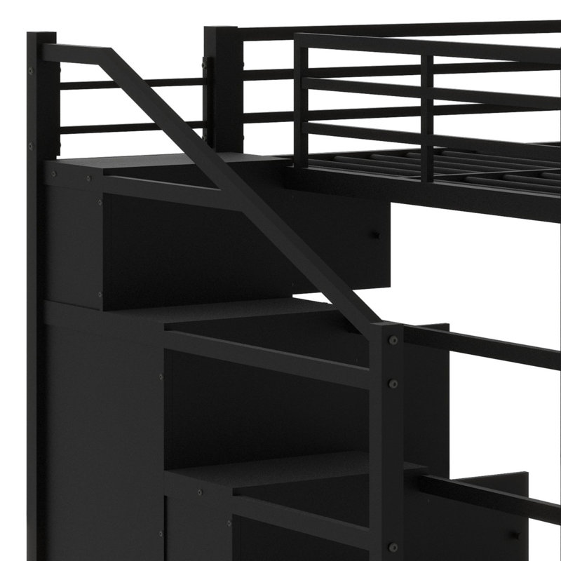 Lit mezzanine pratique en métal avec tablettes de rangement, armoire et garde-robe