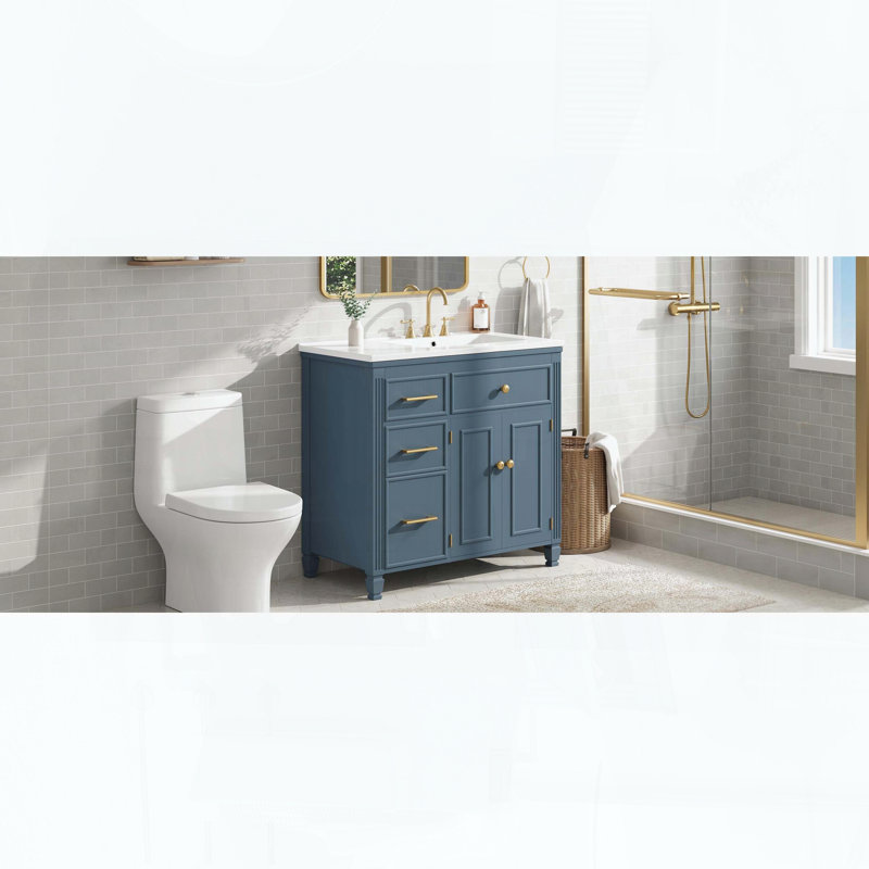 Meuble-lavabo autoportant avec lavabo en céramique, tiroir basculant, 3 tiroirs latéraux et tablette réglable