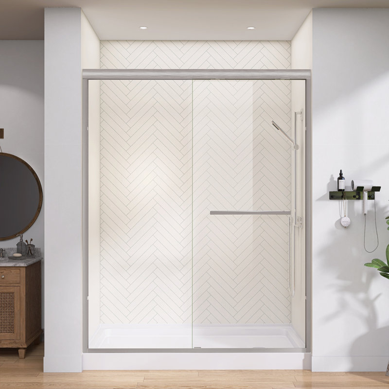 56" - 60'' W X 75'' H Double Sliding Shower Door Semi-frameless Bypass Door Alcove Aluminum Door with Clear Tempered Glass