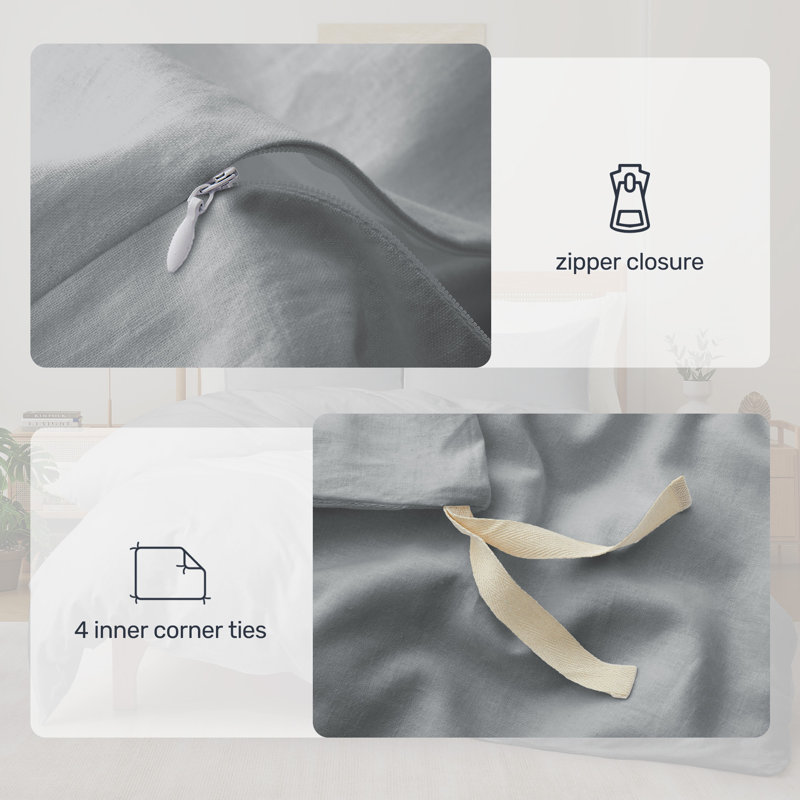 King Dark Gray Linen Cotton Duvet Cover Set