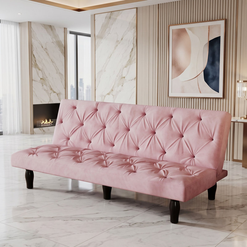 Futon convertible en velours capitonné de 168 cm avec dossier ajustable, Pink