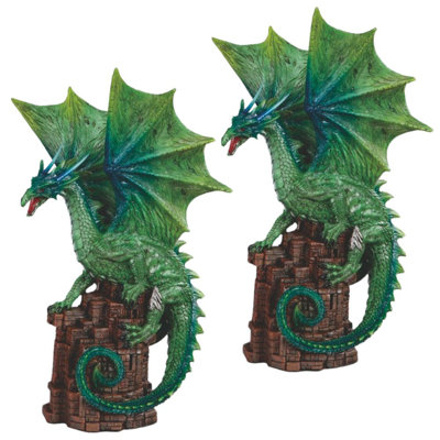 "2-PC Set" ICE ARMOR 11"H Green Dragon Challenging on Castle Figurine Statue Sculpture Ornament Decoration Home/Room Decor and Perfect Gift Ideas for Housewarming, Holidays and Birthdays Great Collectible Addition