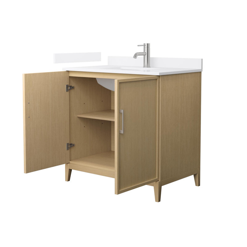 Ensemble de meuble-lavabo simple 36 po avec plateau en quartz Elan, Brun clair, Nickel brossé, Simple