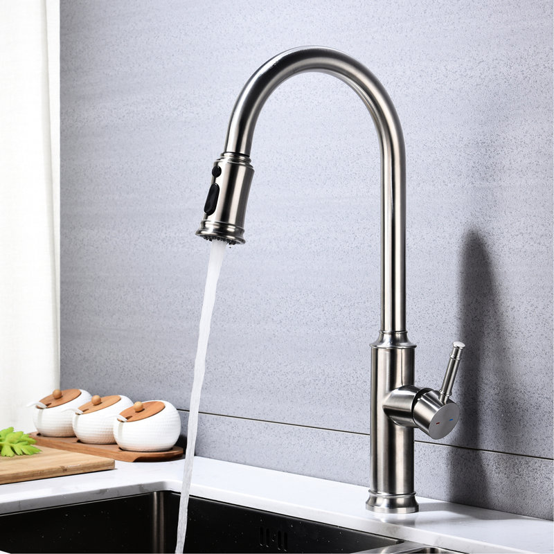 Brushed Nickel Pull Out Spray Kitchen Faucet, Stainless Steel Quality Assurance, 360 Rotating Nozzle For Comfortable Water Flow, Corrosion And Rust Surface Treatment, Single Handle Temperature