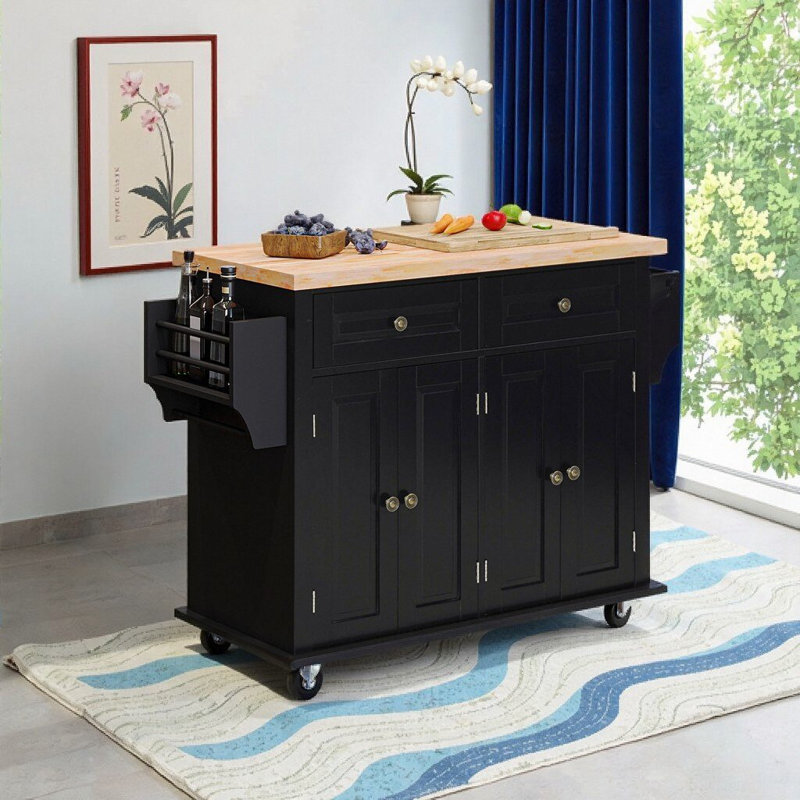 Îlot de cuisine noir sur roulettes avec plateau en bois d'hévéa, étagère à épices, tiroirs de rangement et barre à serviettes