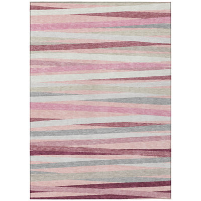 3' X 5' Pink Ivory And Gray Striped Washable Indoor Outdoor Area Rug