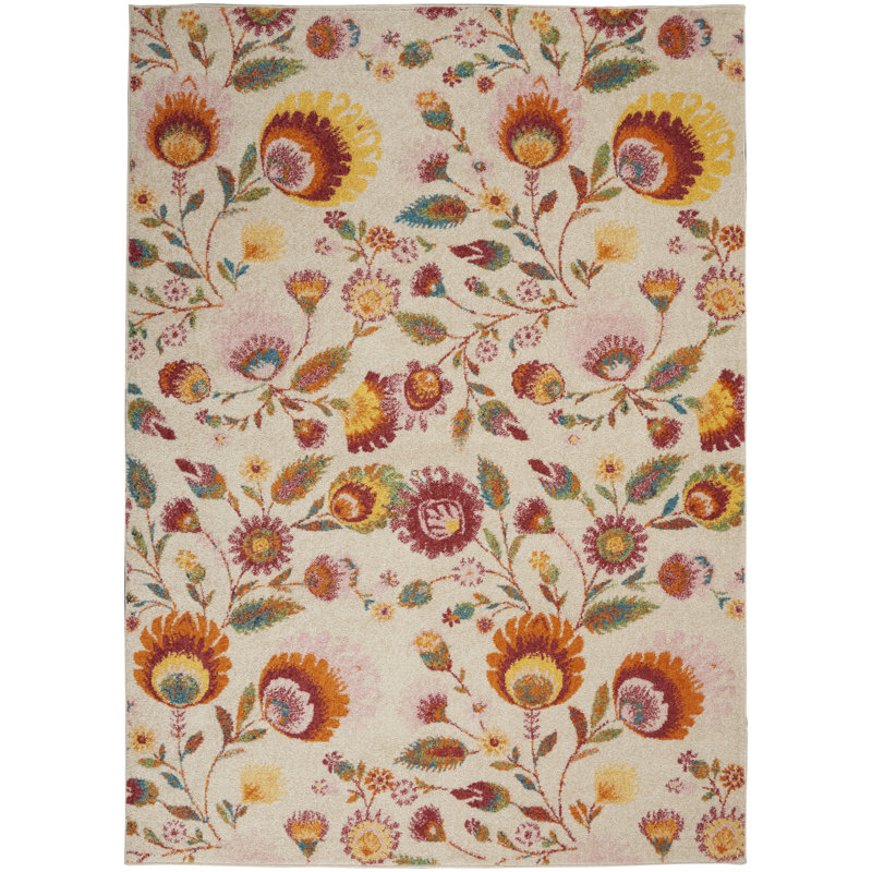 Tapis beige / jaune / rouge à motif floral Whittman, Rectangle 5 pi 3 po x 7 pi 3 po