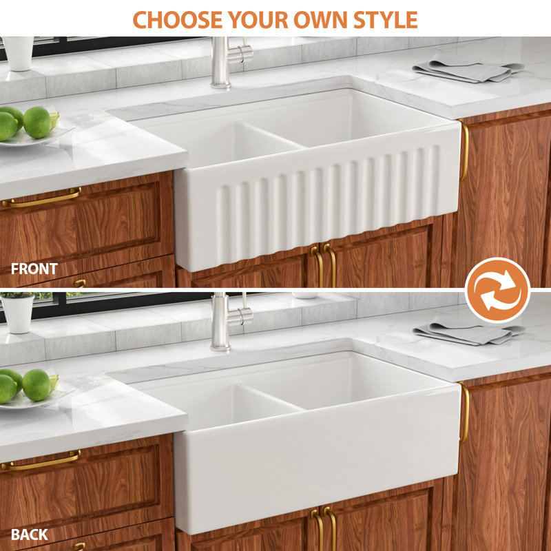 33" L x 20" W Farmhouse Kitchen Sink Workstation Sink White Ceramic Kitchen Sink Double Bowl Sink
