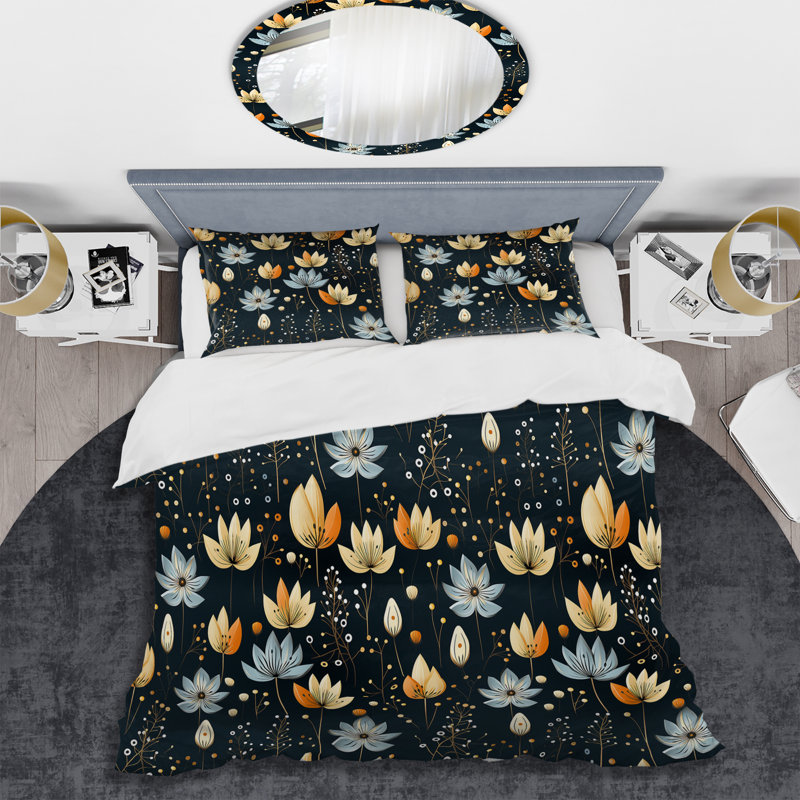 Ensemble de housse de couette à motif floral noir et jaune Meadow I, Housse de couette pour grand lit et 2 taies décor
