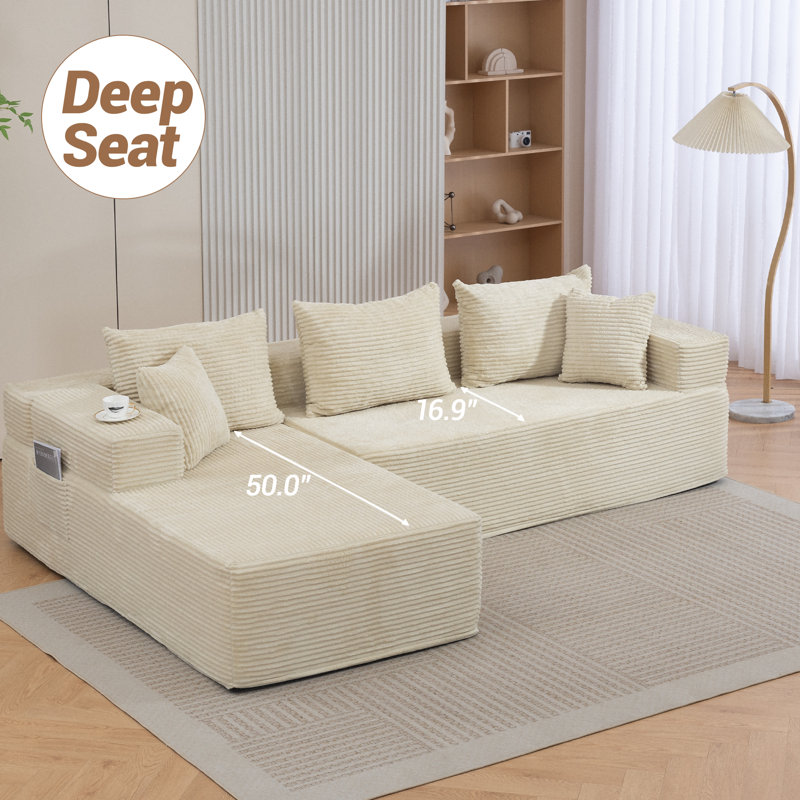 Boneless Modular Sectional Sofa with L-Shape Chaise, Corduroy Boneless Couches for Living Room, No Assembly,, Beige
