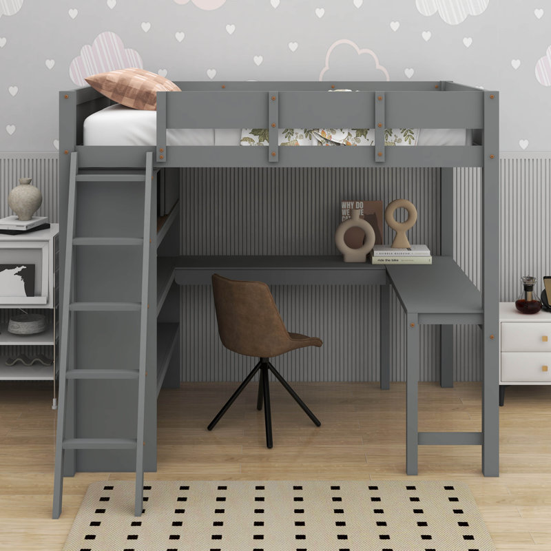 Lit mezzanine double avec bureau et tablette, gris