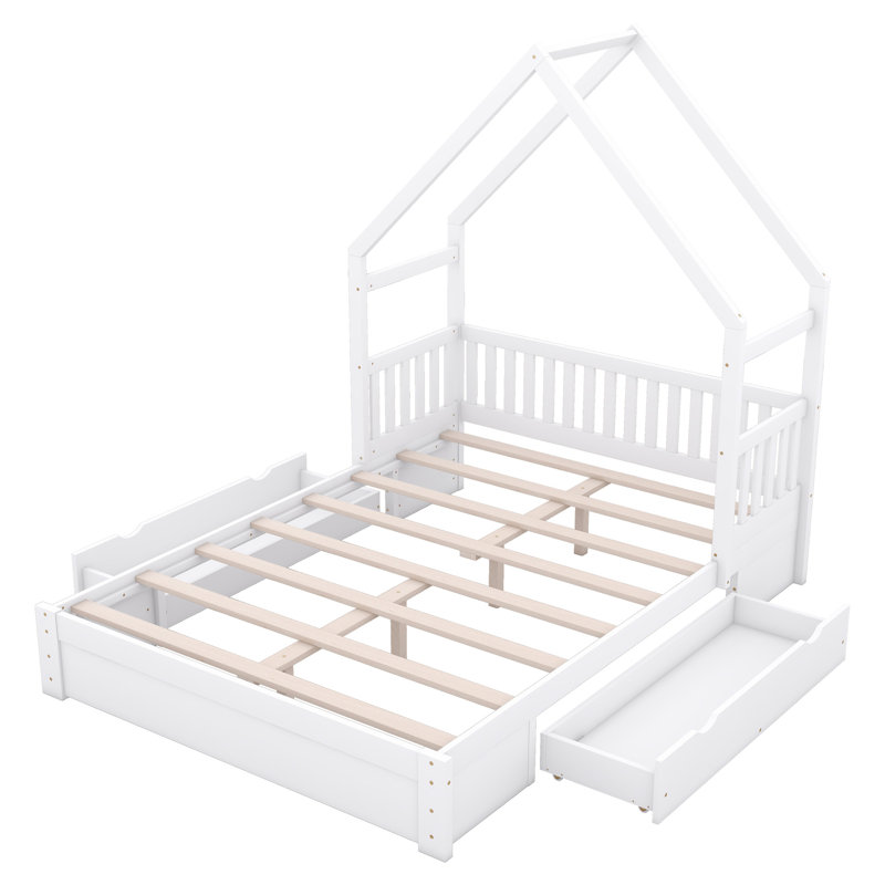 Wood  House Platform Bed With Guardrail And 2 Drawers, White